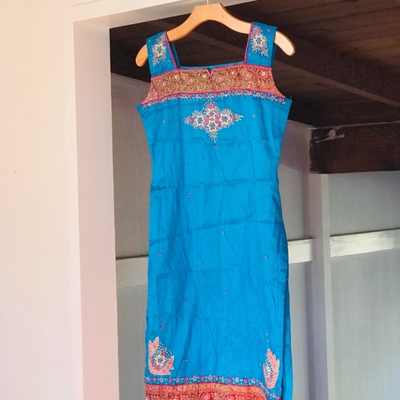 Vintage Heavily Beaded Aqua Turquoise Iridescent Indian Kurta Tunic Gems Dress. - Picture 13 of 13
